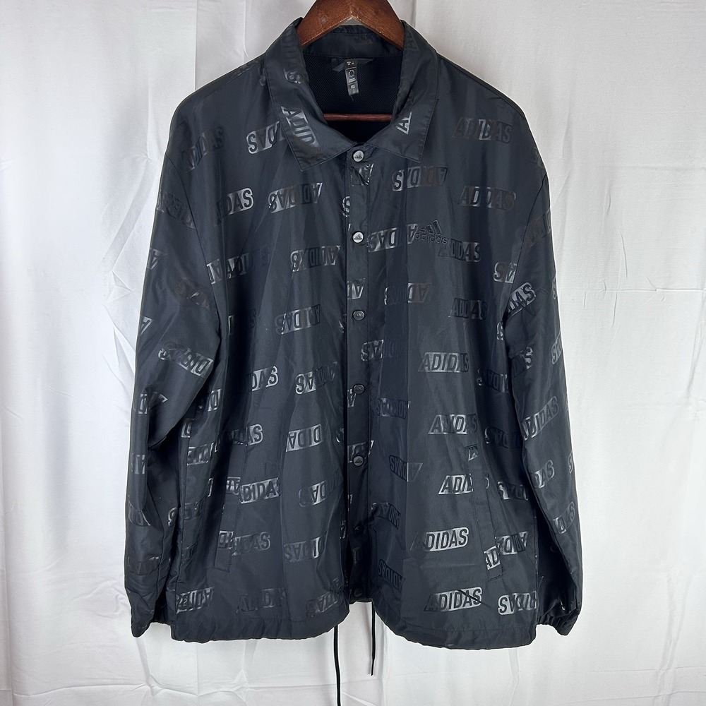 Adidas Embossed Woven Coaches Jacket Mens Large Black All Over Print IJ6434